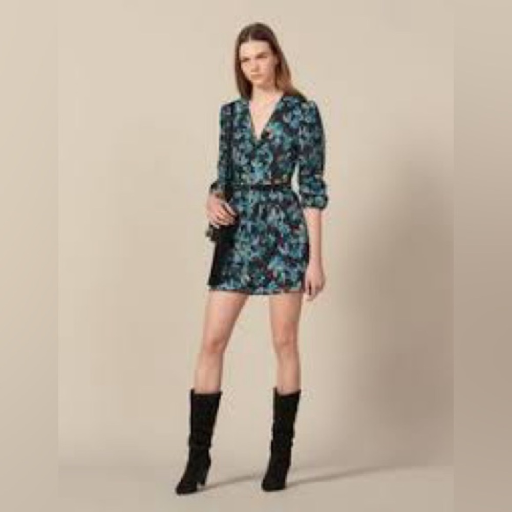 Sandro Embroidered Blue and Black Floral Long‎ Sleeve Dress